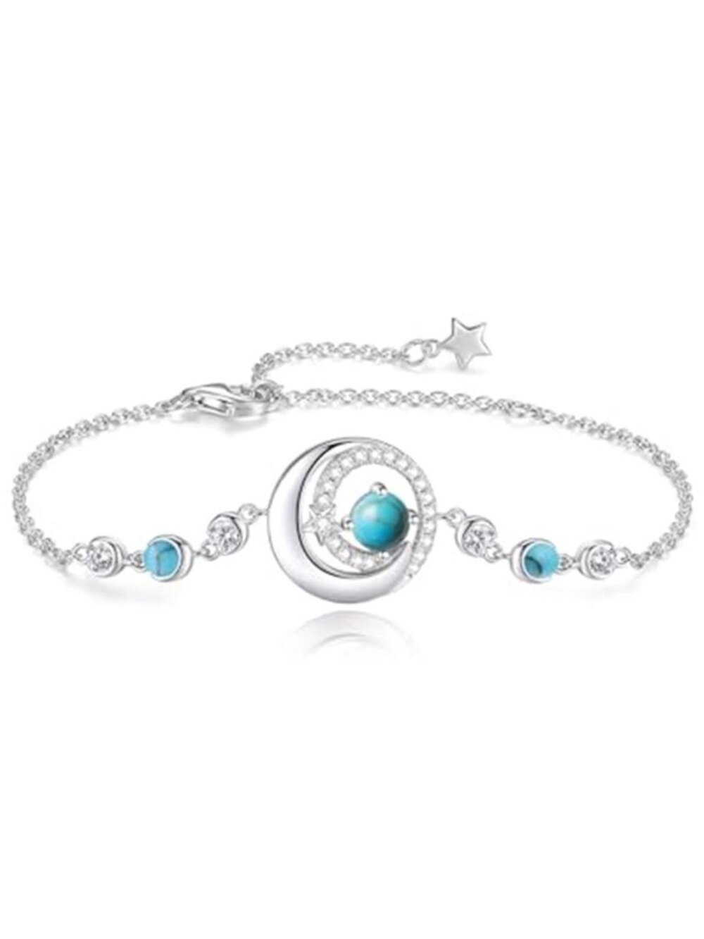 Sterling Silver Turquoise Bracelet Moon Star Birthstone Womens Adjustable Chain